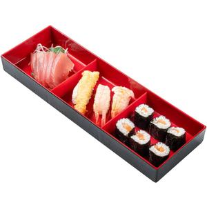 Restaurantware-14 x 4.6 x 2.4 Inch Compartment Lunch Container, 1 Japanese Style Adult Lunch Container - With 3 Compartments, Greaseproof, Black & Red Plastic Divided Meal Box, For Hot & Cold Food
