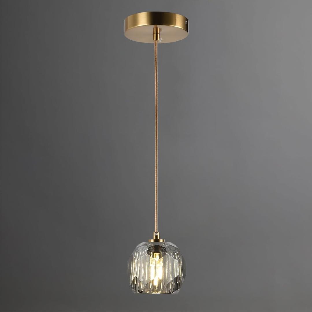 Modern Pendant Lighting, Smoke Crystal Small Pendant Light Fixture for Kitchen Island, Brushed Brass Ceiling Light Single Pendant Light for Dining Room Bathroom