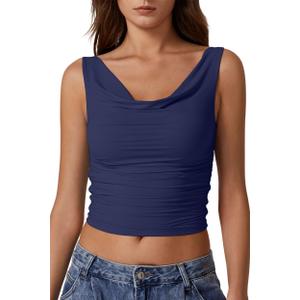 QINSEN Women's Cowl Neck Top Sleeveless Ruched Double Lined Crop Top Y2k T Shirts,