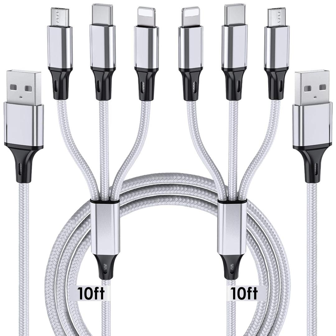 Multi Charging Cable, 10ft 2Pack Multi Phone Charger Cable Braided Universal 3 in 1 Charging Cord Extra Long Multiple USB Cable with USB C, Micro USB Port Connectors for Cell Phones and More (Silver)