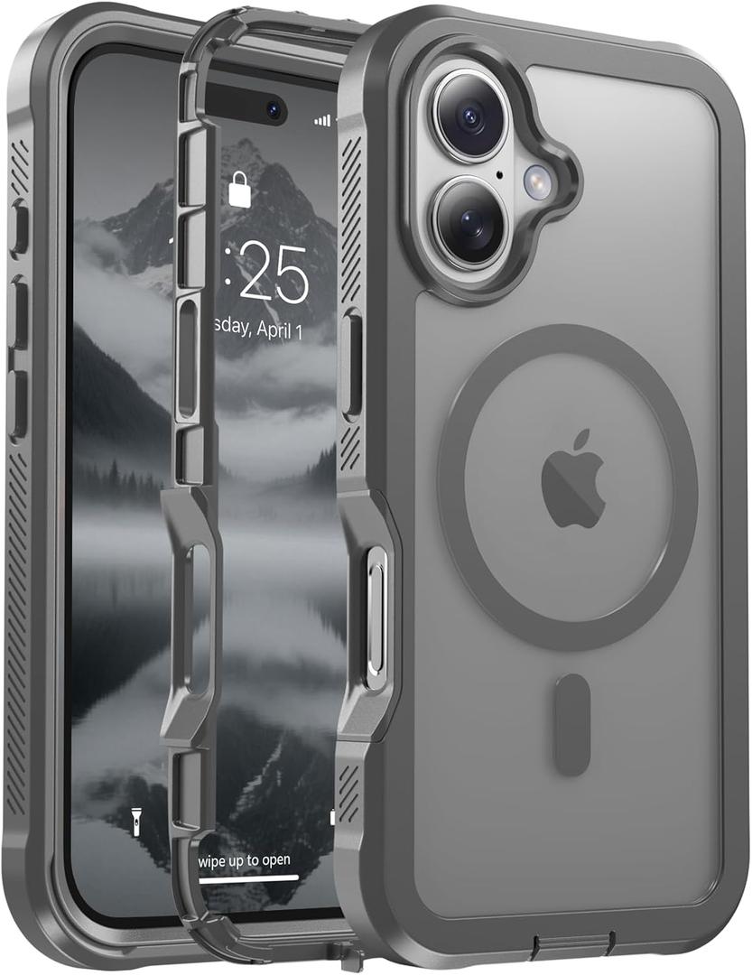 Magnetic for iPhone 16 Case, [Compatible with MagSafe][Military Grade Drop Protection][Heavy Duty Protection][Non-Slip][Shockproof] 2-Layer Durable Bumper Phone Case 6.1''-Gray