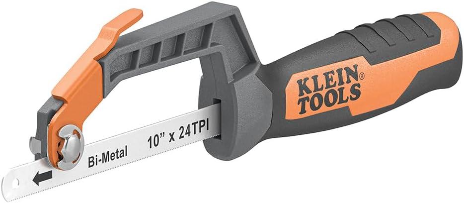 Klein Tools 31432 Compact Medium-Cut Hacksaw, 10-Inch 24 TPI Bi-Metal Blade Hand Saw, Cuts Thin Wall Copper and Aluminum, PVC, PEX, ABS Pipes, and Wood in Tight Spaces