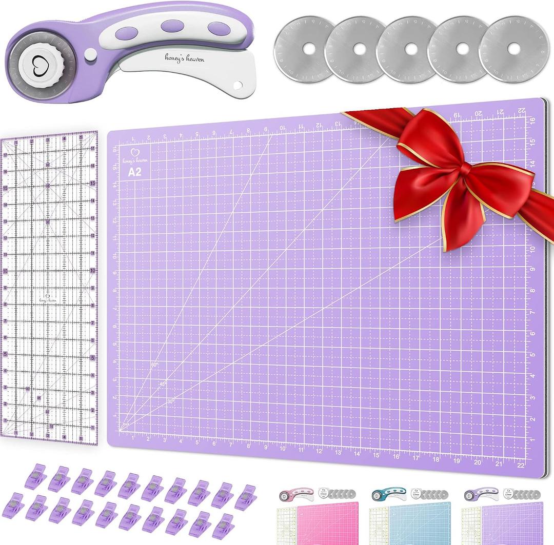 Rotary Cutter Set lavender - Quilting Kit incl. 45mm Rotary Cutter, 5 Replacement Blades, A2 Cutting Mat, Acrylic Ruler and Craft Clips - Ideal for Crafting, Sewing, Patchworking, Crochet & Knitting