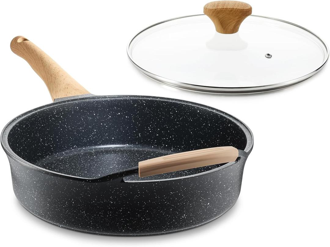 Deep Nonstick Frying Pan with Lid, 4.5 QT Swiss Granite Coating Saut Pan, 12 Inch Healthy Non Stick Skillet Cooking Pan and Helper Handle with Silicone Cover, PFOA Free, Induction Ready.