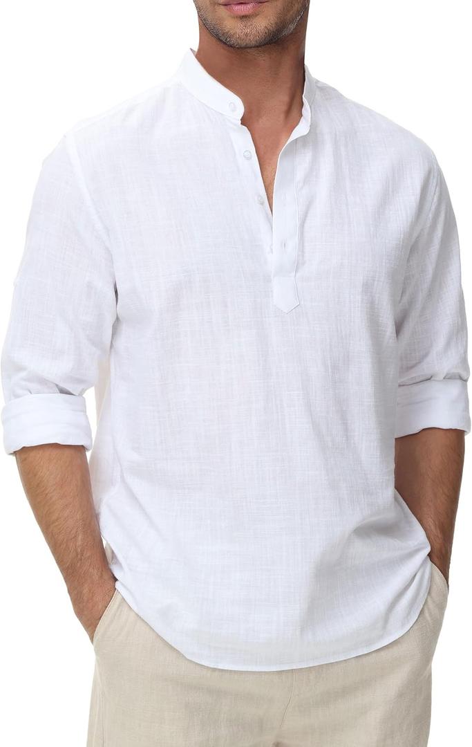 Cotton Linen Shirts for Men Lightweight Casual Long Sleeve Henley Beach Hawaiian Tops (White, XS)