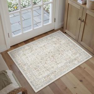 Taupe Entryway Area Rug 2x3 Door Mat Machine Washable Kitchen Vintage Distressed Non Slip Carpet Indoor Retro Floral Accent Throw Small Rug for Bathroom Office Bedroom Dining Living Room, Taupe Multicolor 
