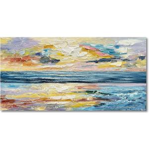 Art Hand Painted Ocean Landscape Oil Painting Sea Sunset Landscape Modern Abstract Art Home Wall Decoration 24x48 Inches (Yi031)