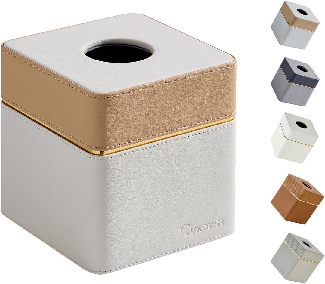 Tissue Box Holder Cover Square, Modern PU Leather Decorative Tissue Cube Holder Organizer-Apricot Cream