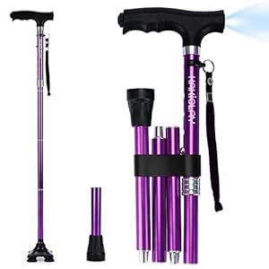 KAKICLAY Folding Walking Cane with LED Light for Women & Men - Foldable, Adjustable, Collapsible Lightweight Aluminum Walking Stick for Seniors & Adults