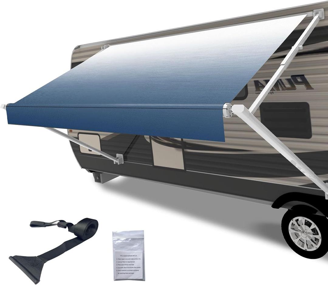 RV Awning Fabric Replacement,Camper Trailer Motorized Awning Replacement for Motorhome,Heavy Duty Weatherproof 18.5oz Outdoor Vinyl RV Canopy 14'(Fabric 13'2") Blue Fade
