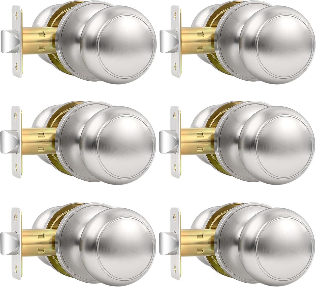 6 Pack Brushed Nickel Door Knob, Round Interior Door Knobs for Hallway Closet, Non-Locking Passage Door Knobs, Keyless Door Handles for Left/Right Handle Doors