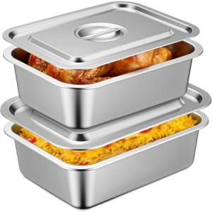 2 Pack 4 Inch Extra Deep Lasagna Baking Pan with Lid, 11"x14.2" 7.4qt & 8.6"x12.5" 4qt Rectangular Large Stainless Steel Nonstick Lasagna Roasting Pans Set Deep Baking Dish Set for Oven
