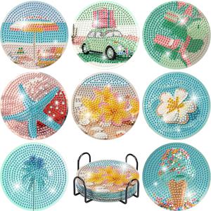 2 x Green Summer Beach Diamond Art Coasters Kit with Holder,8pcs Diamond Painting Coaster,Gem Art Coasters Kit for Home Wall Decor 3.9x3.9inch