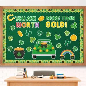 128Pcs St. Patrick's Day Bulletin Board Classroom Decoration You Are Worth More Than Gold Cutouts Shamrock Clover Truck Name Tags School Home Party Supplies Classroom Chalkboard Wall Door Decor