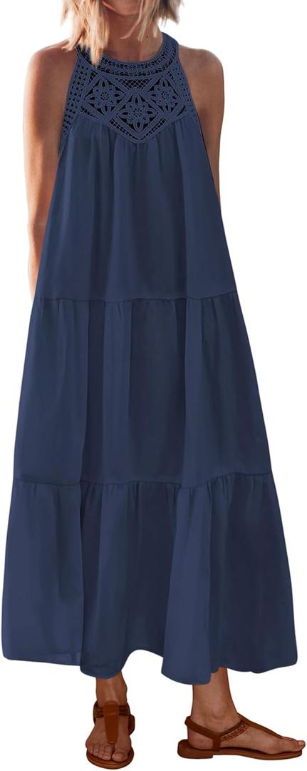 BTFBM Summer Halter Dresses for Women 2025 Casual Spring Hollow Out Sleeveless Boho Sundresses Beach Vacation Maxi Dress (Dark Blue) XL