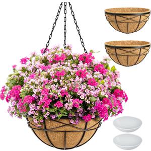 2 Pack 16 Inch Hanging Planters for Outdoor Plants Metal Wire Flower Baskets with Coco Liner & Plastic Saucer Large Deep Hanging Plant Pots for Porch Balcony Garden Dcor