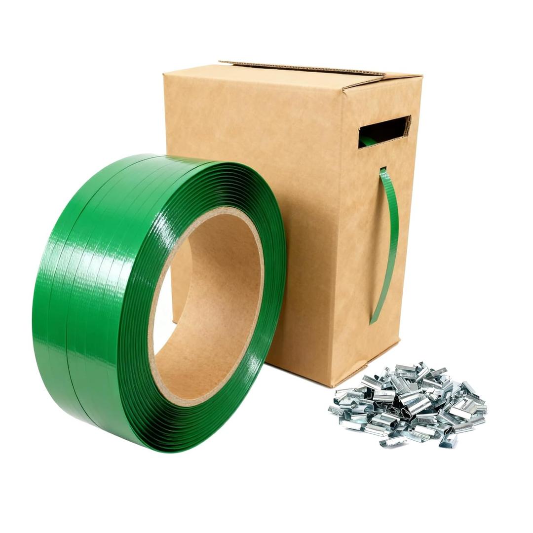 PET Packaging Banding Strapping Roll - 1017' x 5/8" Pallet Strap Coil, 1500 lb Strong Break Strength, Heavy Duty Plastic Strapping with 100 Buckles and Self Dispensing Box Kit