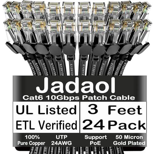 Jadaol Cat6 3ft 24 Pack Patch Cables, 10Gbps High-Speed Ethernet Patch Cables, Support Cat8/7 Network, 24AWG Pure Copper, RJ45 Gold-Plated Connector, LAN Network Cable for Patch Panel to Switch, Black