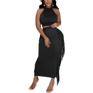 Vrtige Women's 2 Piece Outfits Halter Sleeveless Crop Top and Fringe Bodycon Maxi Skirt Set (Black, XXL)