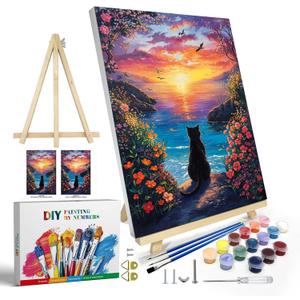 JOOZ Paint by Numbers Kit for Adults with Frame, Black Cat Paint by Number with Easel, DIY Seaside Sunset Flowers Paint by Numbers Landscape for Home Wall Decor 8 x 12 Inch