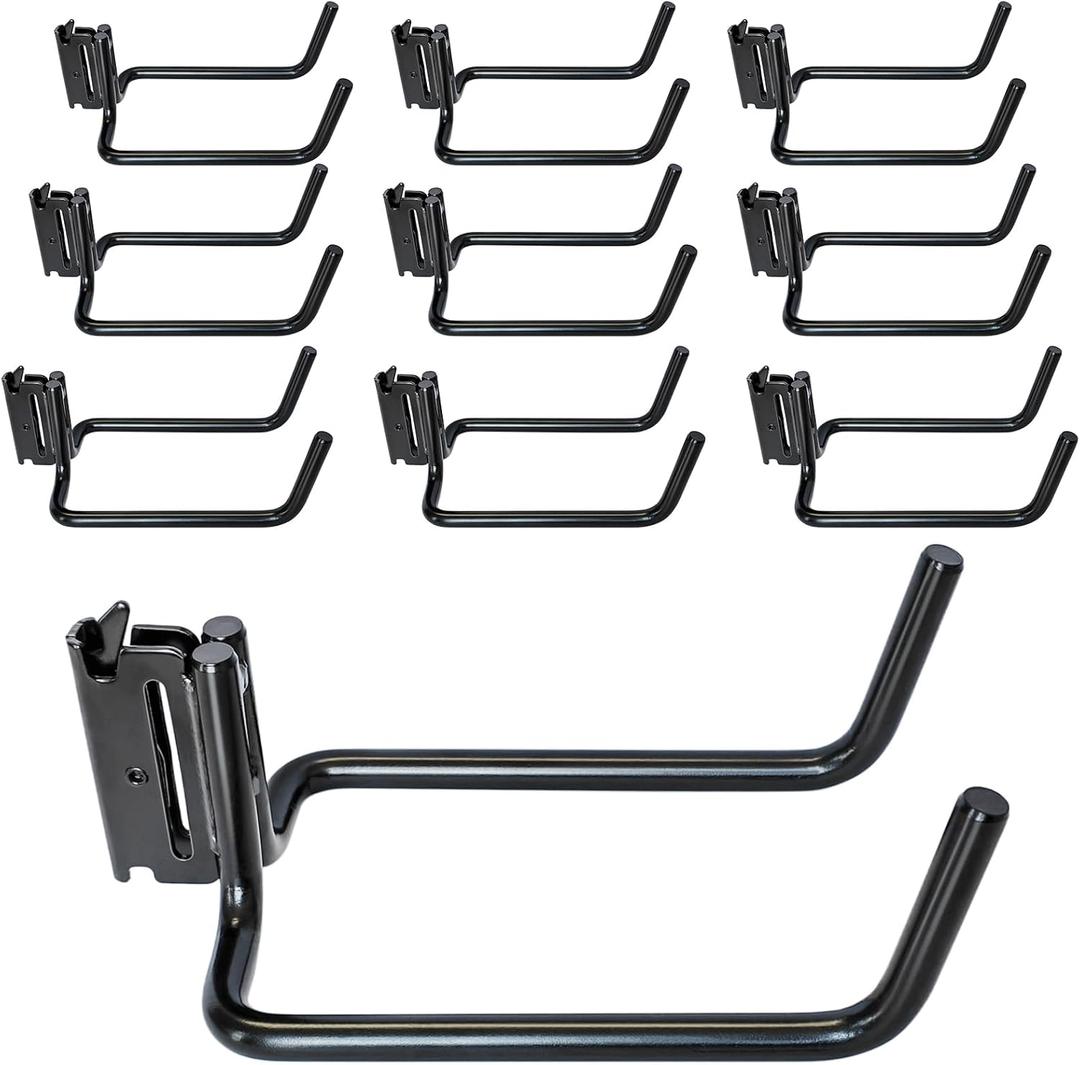 10 Pack E Track Double J Hooks, Heavy Duty Black Large Steel Shovel/Tool Hanger for Store Long Handled Tools, E Track Tie Down Accessories for Trailers, Trucks, Garden Tools Organizers Storage