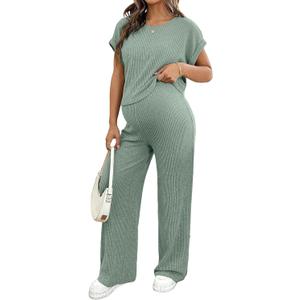 BLENCOT Maternity Clothes Ribbed Short Sleeve Maternity Pajamas Sets Sleepwear Lounge 2 Piece Matching Outfits Set, Size Large 