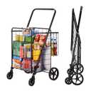 VEVOR Folding Shopping Cart, Jumbo Grocery Utility Cart with Double Baskets, 360 Swivel Wheels, 110 LBS Large Capacity Heavy Duty for Laundry, Shopping, Grocery, Luggage, Black