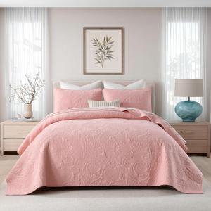 Cotton Queen Size Comforter SetPink BeddingPaisley Quilt SetFarmhouse Printed Pattern BedspreadsSoft Cotton Quilt Solid Color Lightweight Bedspread All Seasons 3 Piece