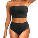 Tempt Me Women Black Bandeau Bikini Set Strapless High Waisted Two Piece Swimsuit Longline Bathing Suits XL