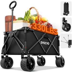 Collapsible Wagon with Big Wheels, Beach Wagons Carts Foldable with All-Terrain Wheels, Large Weight Capacity Heavy Duty Carts with Cup Holders for Camping, Garden, Sports, Grocery, Carbon Black