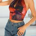 2026 Women's Summer Halter Top V Neck Print Sleeveless Tie Back Mesh Backless Crop Camisoles Tops (Purple, S)
