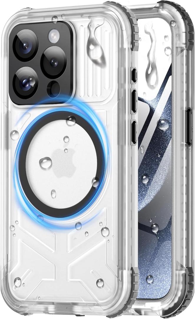 For iPhone 15 Pro Waterproof Case with Magsafe, Screen Protector, Lanyard, IP68 Military Full Body Shockproof, for Water Sports Outdoor Work, Funda para 15 Pro Impermeable, 6.1" Black