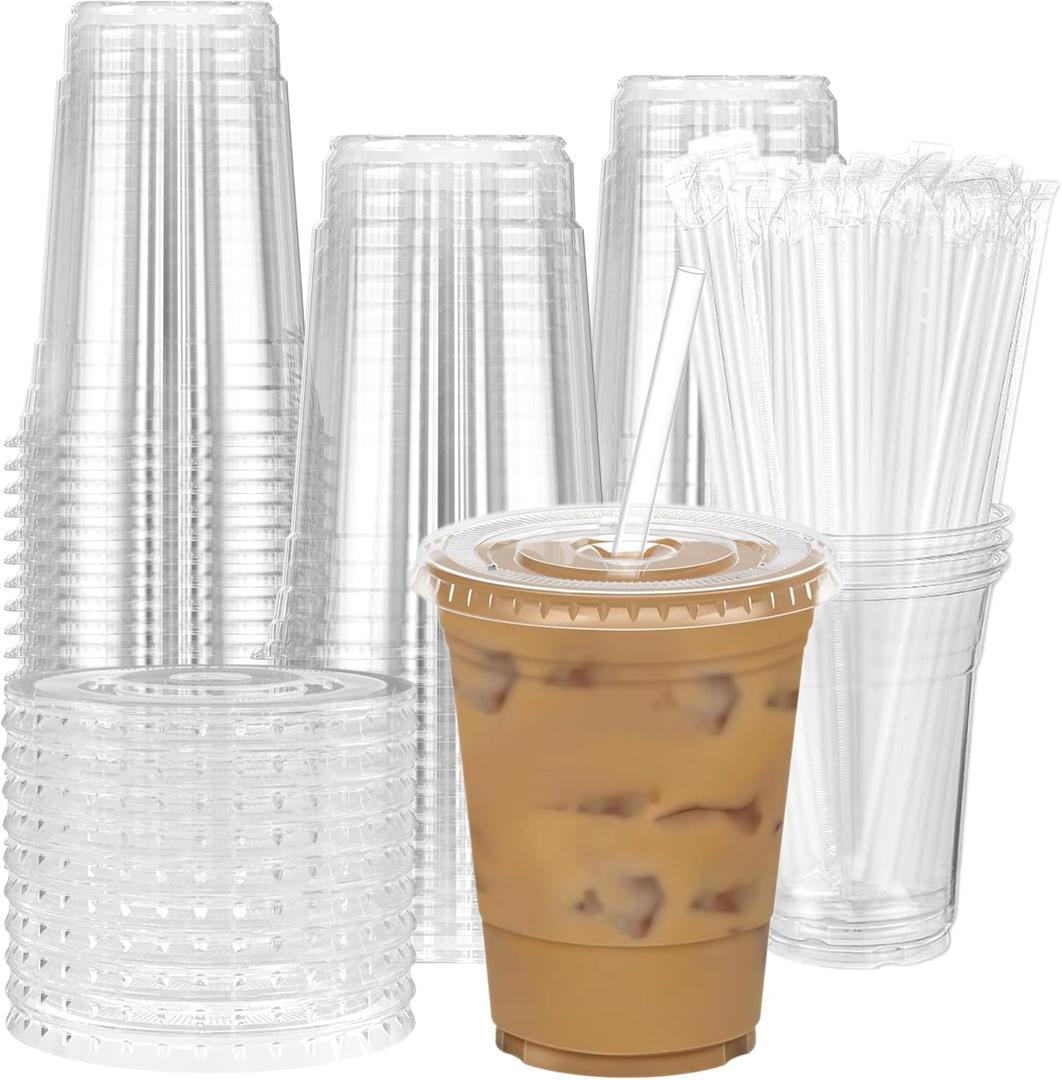 100Pcs 16 oz Plastic Cups With Lids and Straws, Disposable Clear Plastic Cups With Lids for Iced CoffeeSturdy & Food Safe Coffee Cups for Party Supply, Ideal for Home, Catering, Cold Beverages
