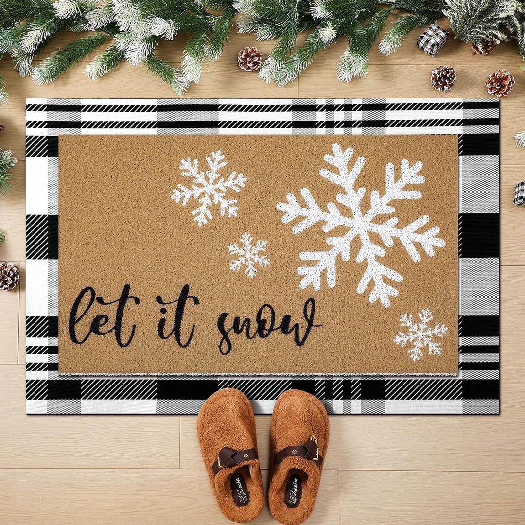 2 Pcs Winter Let It Snow Coir Doormats Outdoor Snowflake Welcome Door Mats Layered Buffalo Plaid Front Door Rugs Non Slip Floor Mats for Christmas Porch Entryway Indoor Outdoor Decor (Black and White)