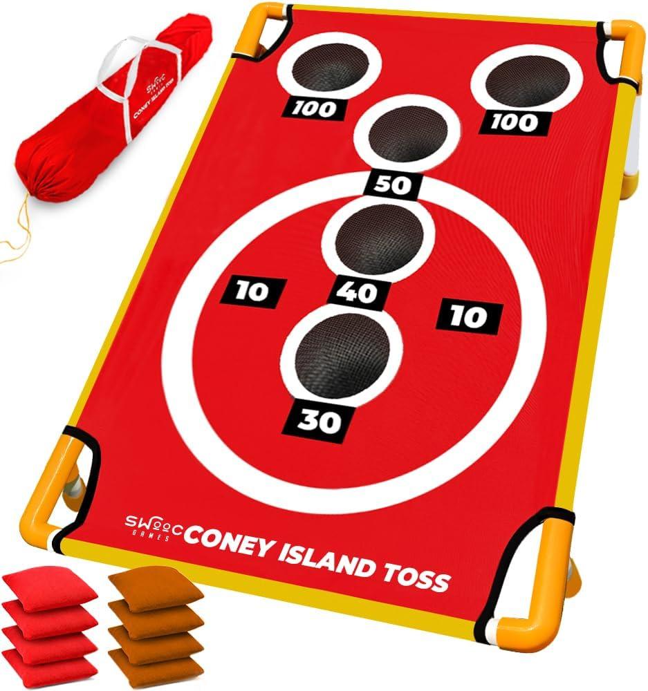 Swooc Games - Coney Island Toss™ - Arcade Style Cornhole Board Set w/Carrying Case & 15+ Games - Corn Hole Games for Adults - Kids Bean Bag Toss Game - Kids Cornhole Set w/Bags - Outdoor Yard Games