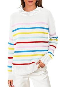 ANRABESS Women Fall Fashion Sweaters Striped Long Sleeve Crewneck Loose Fit Cozy Knit Trendy Pullover Sweater Tops Rainbow X-Large (White, XL)
