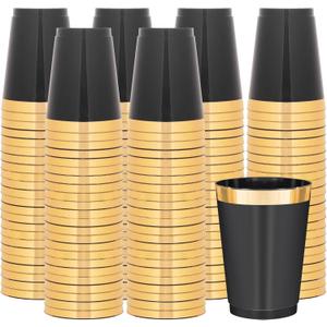 supernal 200pcs Black Plastic Cups 10oz  Disposable Cups with Gold Rim, Premium Black and Gold Plastic Cup, Disposable Cocktail for Wedding, Birthday, Parties