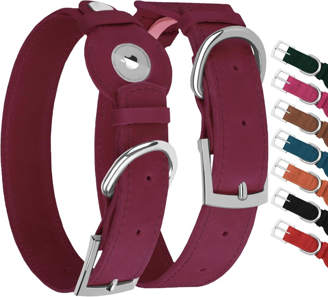 Leather Dog Collar with Airtag Holder - Apple Air Tag Dog Collars - Soft Tracking GPS Pet Collar for Dogs Breed Puppy (Burgundy, L, 15"-19" Neck Fit)