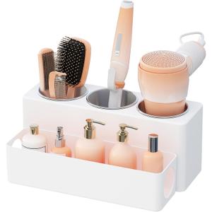 Lifewit Hair Tool Organizer Countertop, Removable Blow Dryer Holder for Bathroom, Acrylic Hot Tools Organizer Storage for Curling Iron, Brush, Straightener, 3 Stainless Cups, White, 30 cm/12 inch(L)
