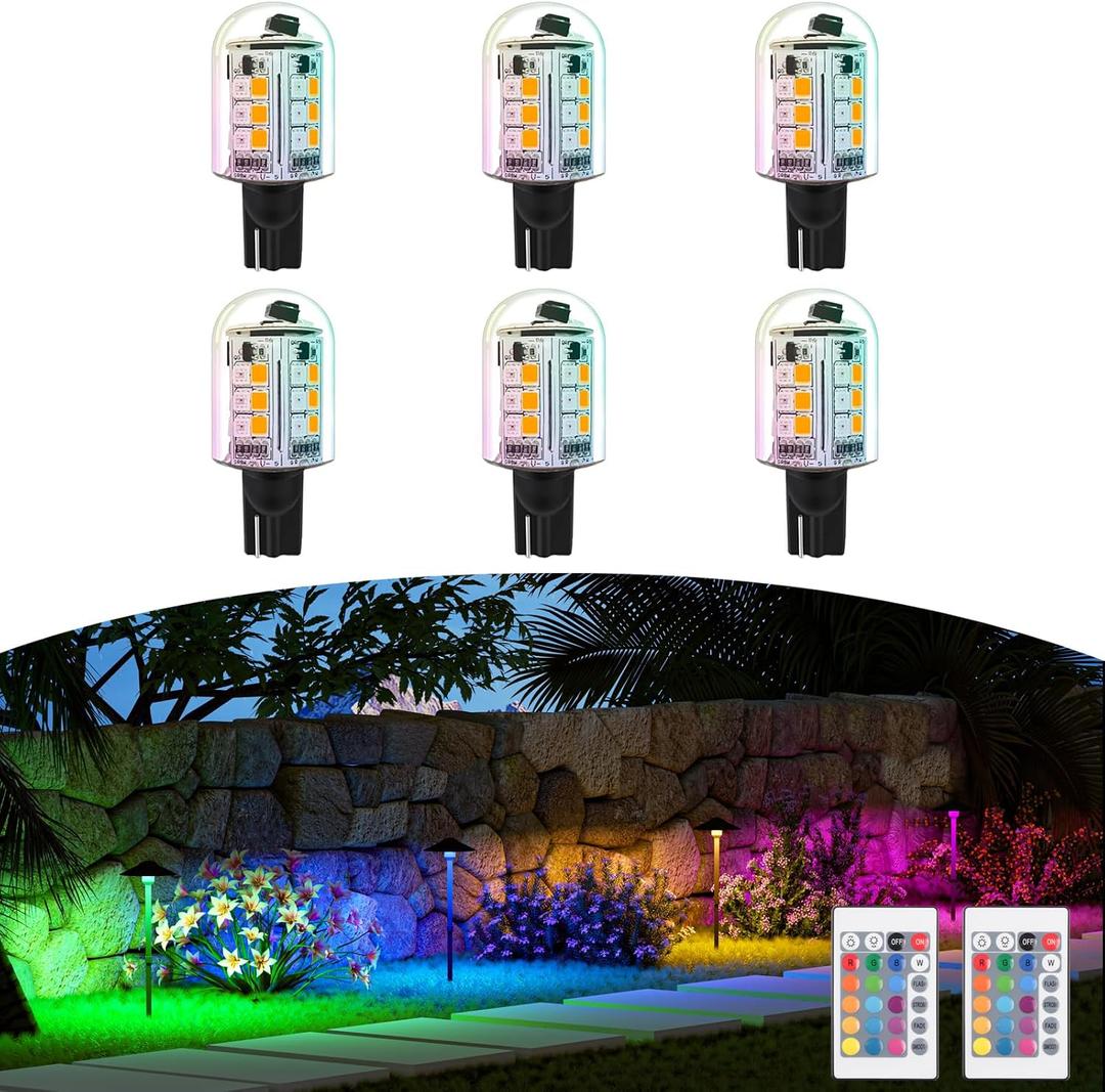 RGB T5 T10 Wedge Base LED Light Bulbs 12V Color Changing, Warm White+15 Multi-Colors and Dimmable on Remote Control, Weatherpoof for Outdoor Low Voltage Landscape Lighting 6-Pack