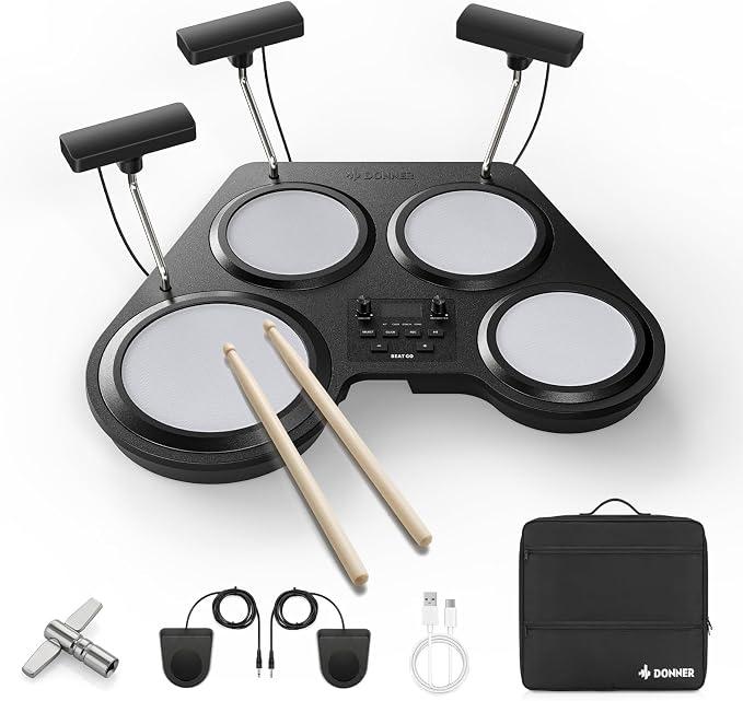 Donner Beat Go Portable Electronic Drum Set with Beginner Training Course, Compact Table Drum with Wand and Backpack, 180 Voices, 30 Demo Songs, 15 Drum Kits