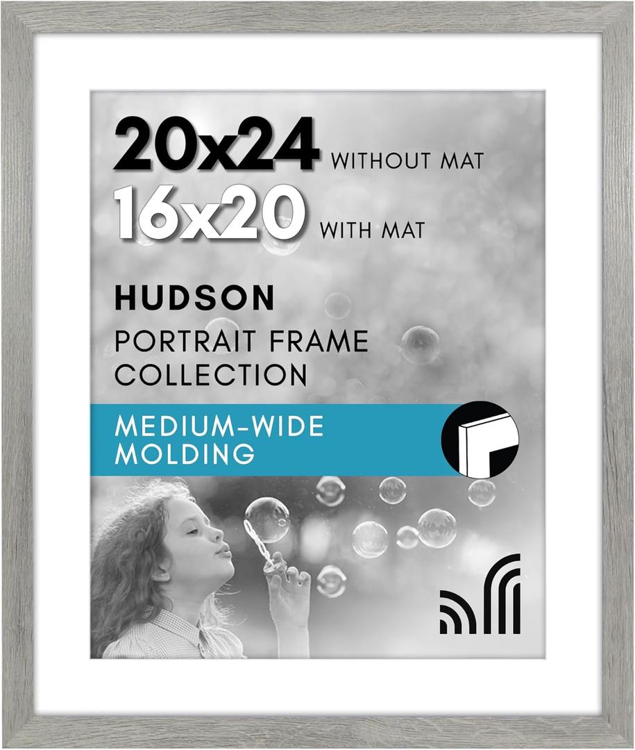 Americanflat 20x24 Picture Frame with Polished Plexiglass - Use as 16x20 Frame with Mat or Display 20x24 Photo Without Mat - Hudson Collection - Wide Picture Frames for Wall Display - Grey Wood