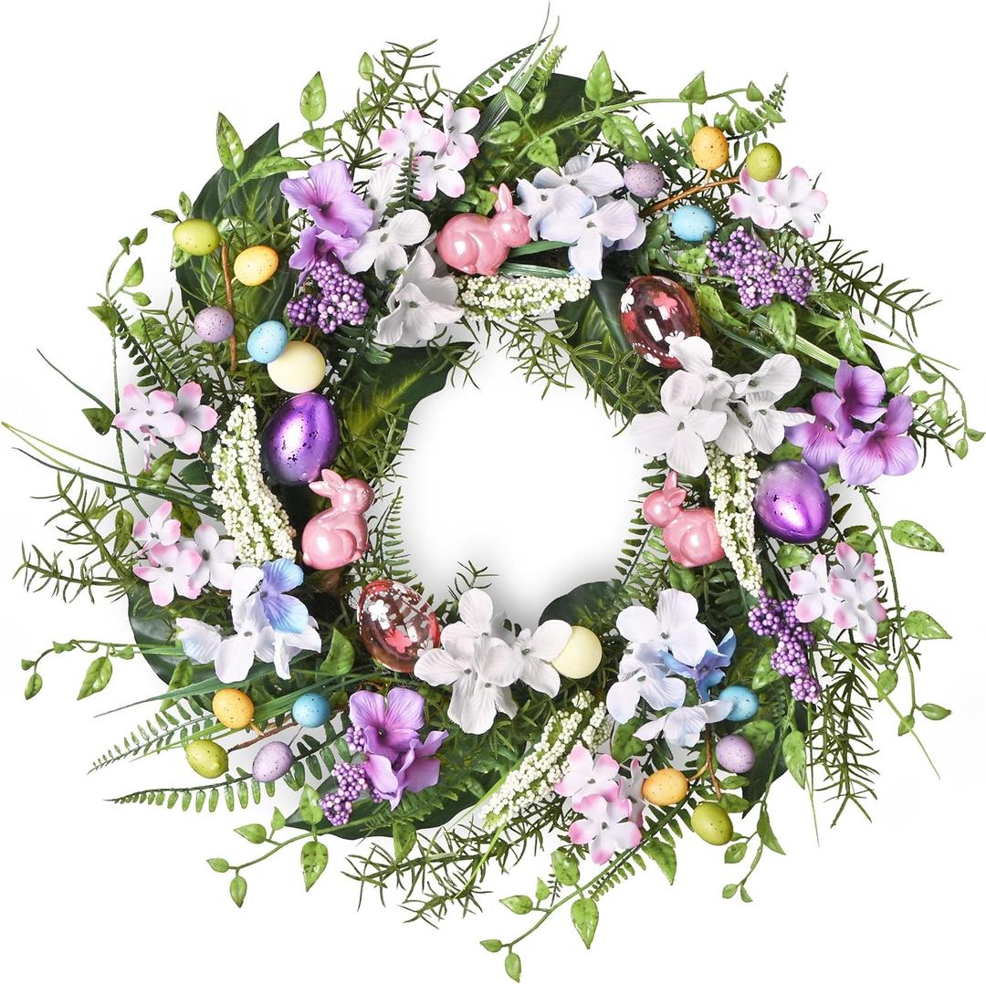 DecorbyHannah Easter Egg Wreaths for Front Door, 22" Spring Door Wreath with Hydrangeas Flowers, Artificial Floral Wreath with Pastel Electroplated Eggs for Home Wall Window Indoor Outdoor Decor