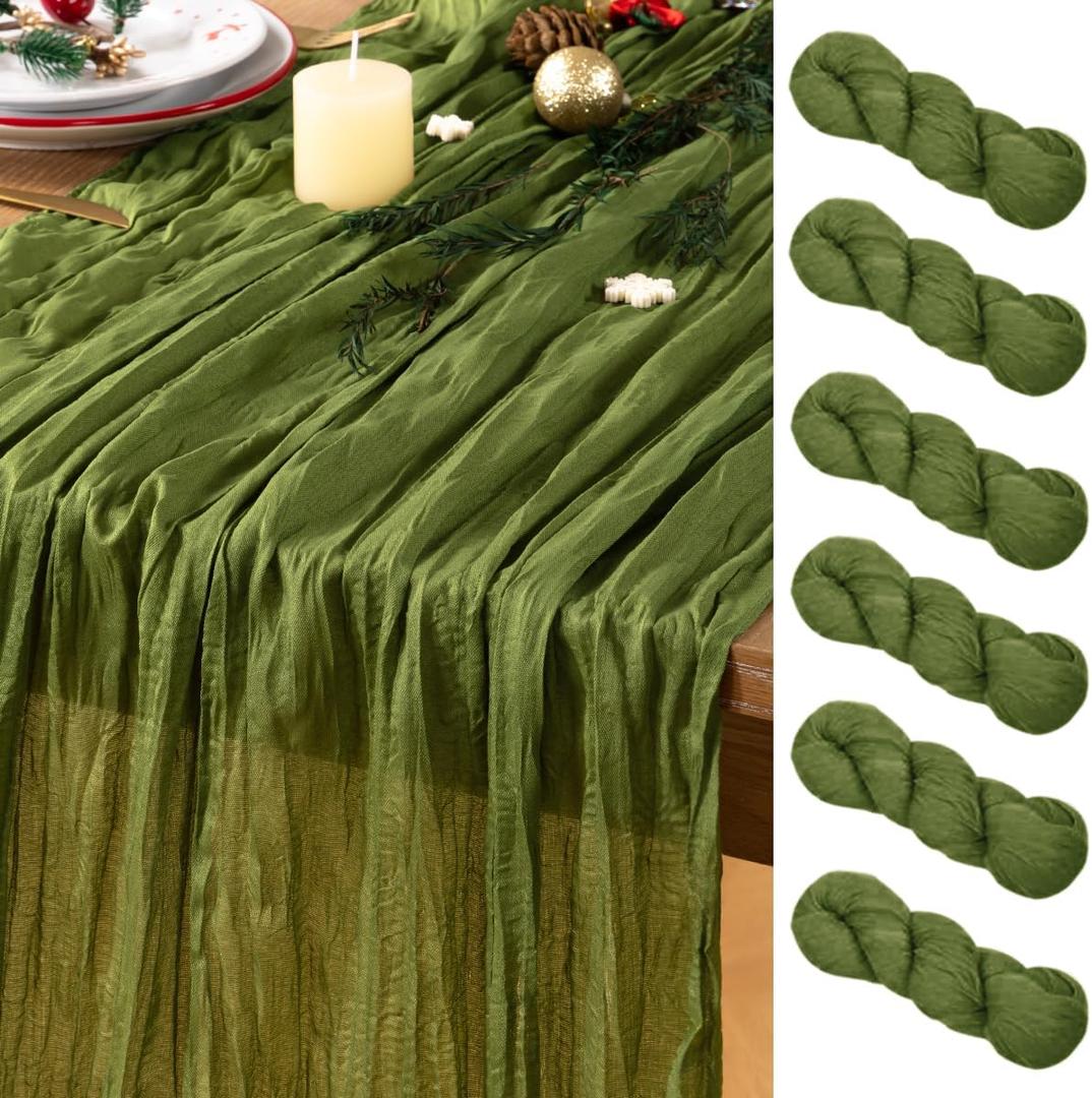 Olive Green Cheesecloth Table Runner 6 Pack Spring Table Runners Boho Gauze 120 Inches Green Cheese Cloth Table Decora for Wedding Bridal Baby Shower Valentine's Day