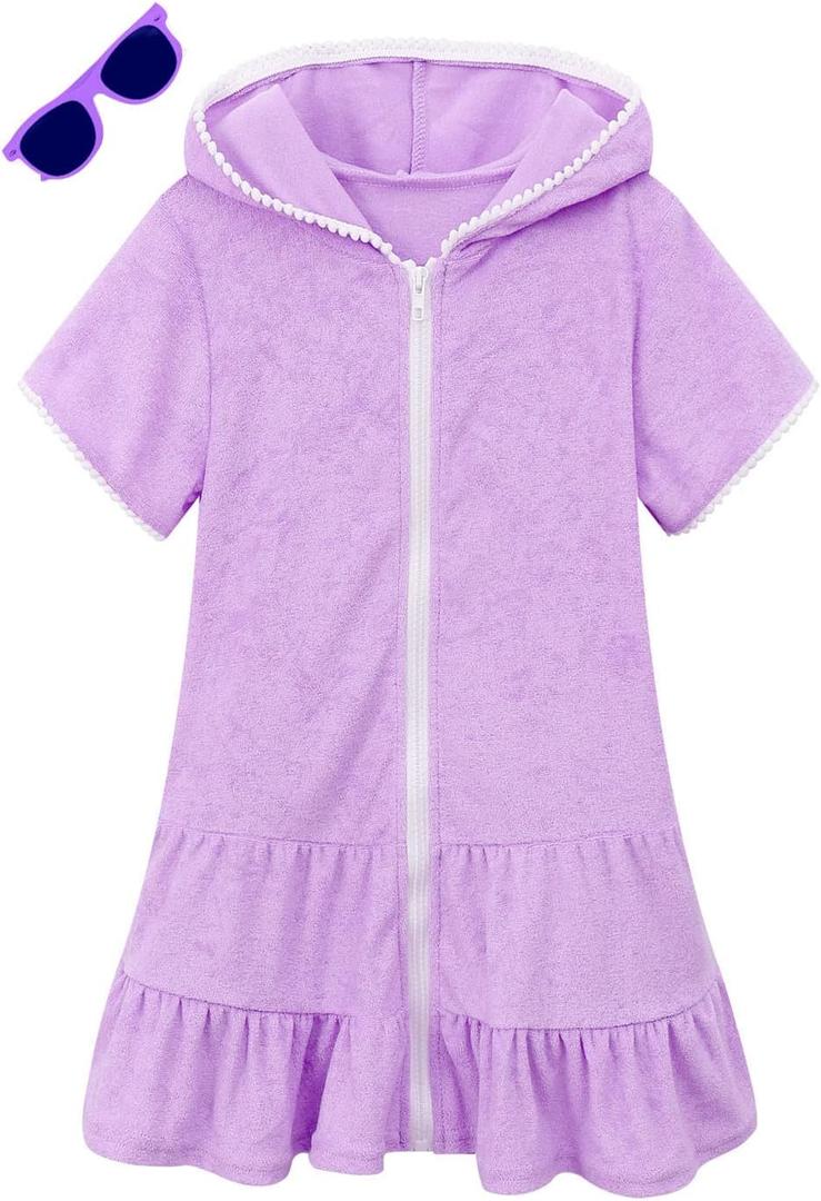 LUCKYGAL Big Girls Swim Coverup Kids Beach Cover up Terry Beach Pool Wraps, Size 12 13 Purple