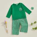 Ayalinggo St Patricks Day Baby Girl Boy Outfit Green Shamrock Long Sleeve Shirt Top Plaid Pants Set Saint Patrick's Clothes (Green)