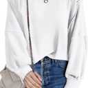 Bornpom Oversized Sweatshirt Crewneck Sweatshirts Long Sleeve Shirts Slit Pullover Top Solid Color Preppy Clothes (White, M)