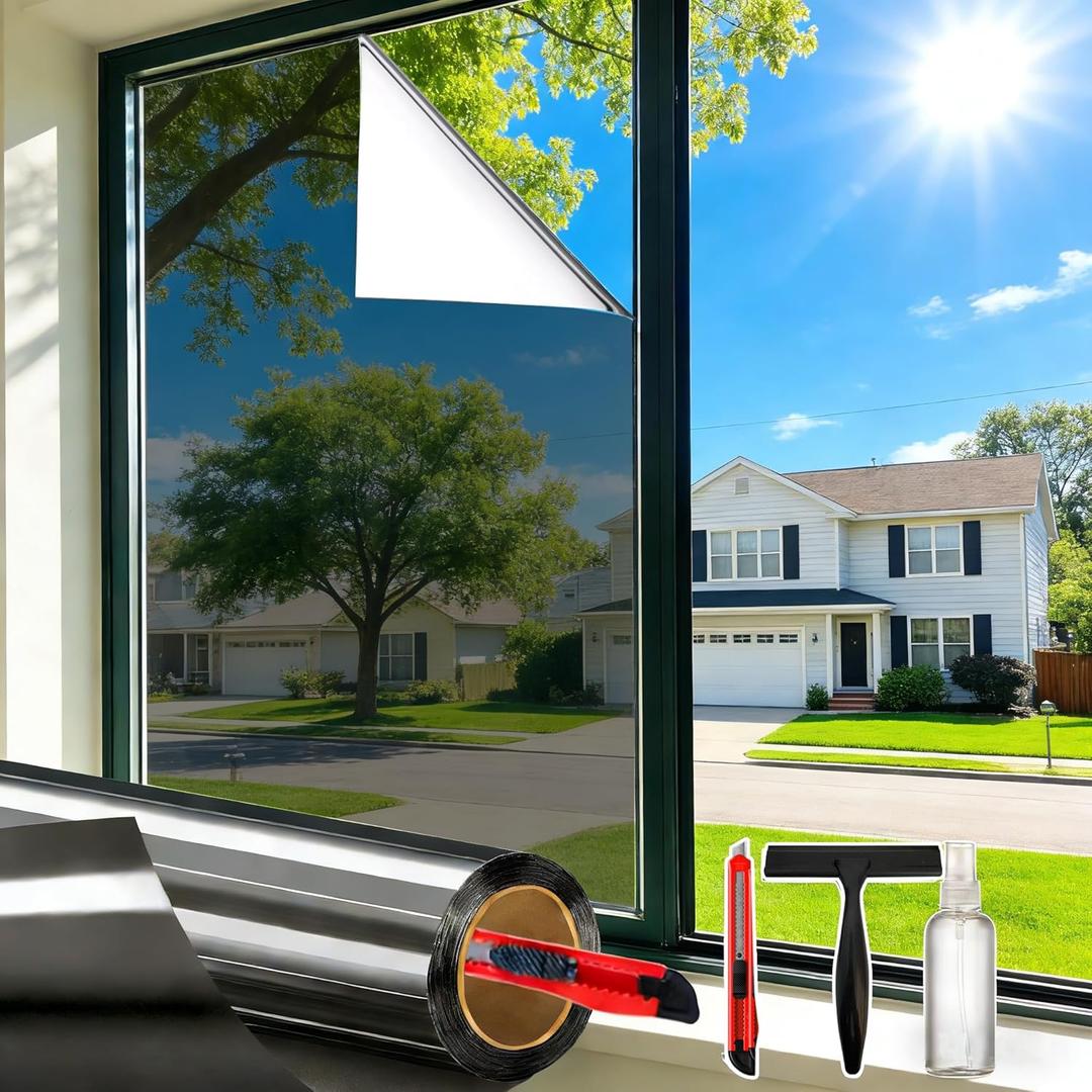 One Way Daytime Window Privacy Film See Out Not in, Window Tint for Home, Reflective Mirror Glass Windows Coverings Sun Heat UV Blocking, Black-Silver, 17.5" X 78.7"