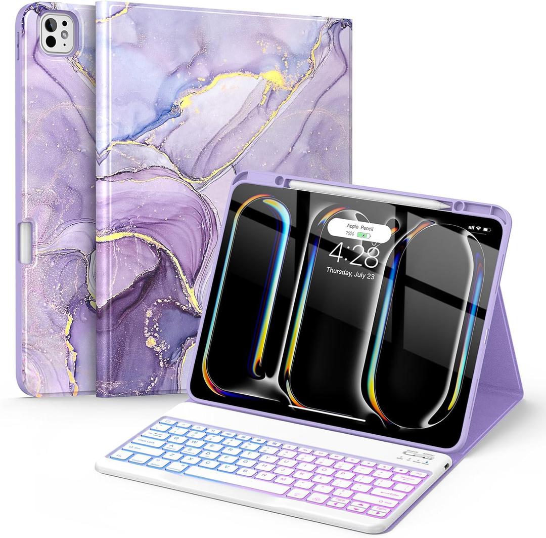 Soke Keyboard Case for iPad Pro 13 Inch (M5 2025/M4 2024), 7-Color Backlit Detachable Bluetooth Keyboard, Folio Stand TPU Back Cover with Pencil Holder for iPad Pro 13", Violet Marble