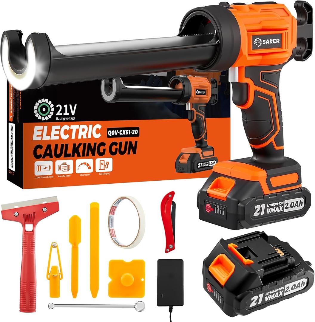 Saker Electric Caulking Gun Cordless Caulk Gun Drip-free with Caulking Tools 4 Adjustable Speeds with LED Light 10oz/300ml for Kitchen Bathroom Filling, Sealing 2 Batteries
